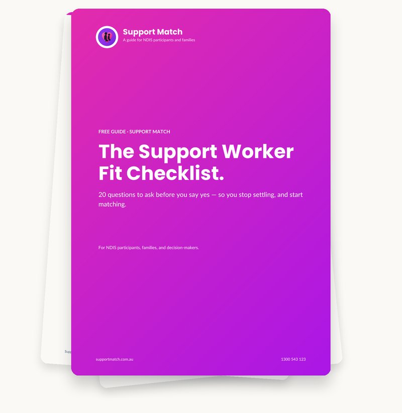 Preview of The Support Worker Fit Checklist — a purple gradient PDF cover with two pages peeking behind